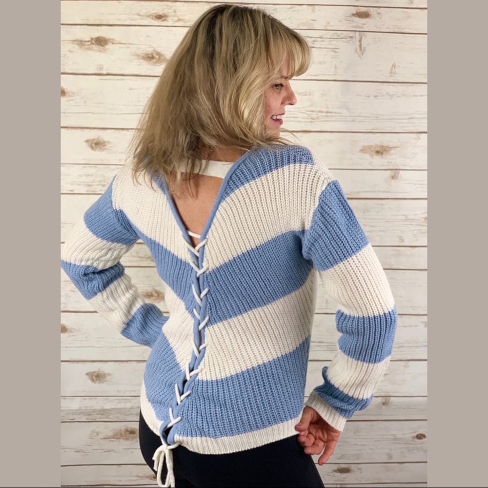 Fun & Flirty Lace-up Back Chevron Blue Sweater